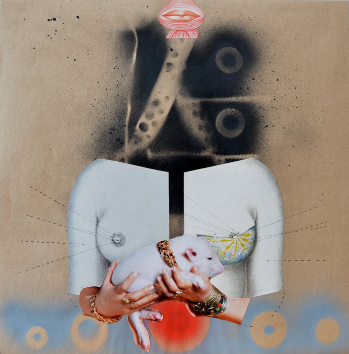 Lady with a pig, collage, 30cm x 30cm, 2013