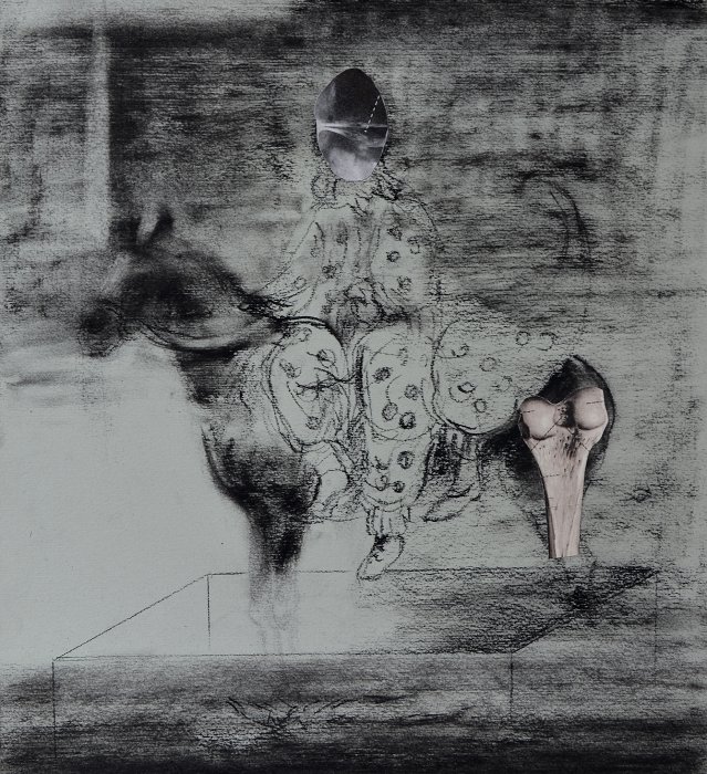 Performance, charcoal on paper, collage, 23cm x 25cm, 2014